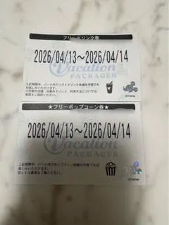 ディズニー　パケパ　フリードリンク券フリーポップコーン券セット