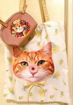 猫バッグ　トラ猫　トートバッグ　ポーチ付き　愛猫とお散歩　ミモザ　花　リボン