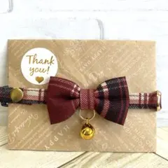 猫　首輪　赤　チェック柄　リボン鈴付き　セーフティバックル