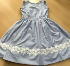 メゾピアノ　ストライプ裾レースワンピース　ノースリーブ　130cm 水色