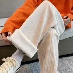 ホワイト 裏起毛 ワイドパンツ コーデュロイ カジュアルパンツ 極暖 防寒