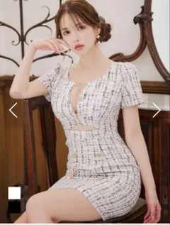 ウエストカットチェックツイードミニドレス/チェーン/ゴールドボタン キャバドレス