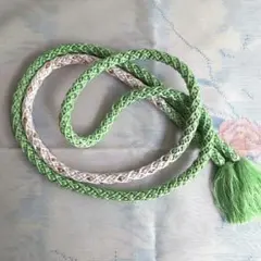 緑と白の帯締め　丸組　和装小物 　　中古