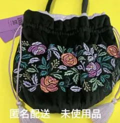 ANNA SUI フランフラン　巾着バッグ ブラック　刺繍　花柄　完売品