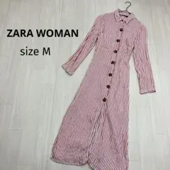 ZARA WOMAN ストライプ リネンブレンド シャツ マキシ丈 ワンピース
