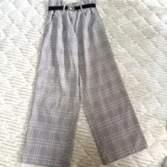 【美脚/高見え】チェック柄 ワイドパンツ ベルト付き 大人カジュアル