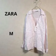 ZARA　ザラ　淡いピンクの長袖シャツ　透け感　麻　M　/100