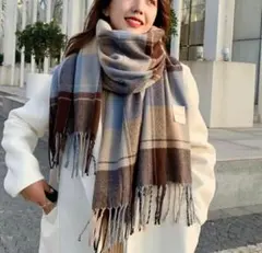 チェック柄 大判マフラー ブラウンとブルー