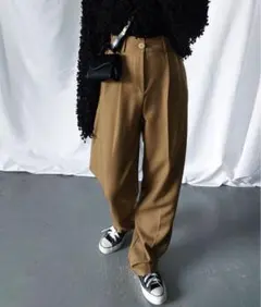 me+em select 太ベルトハイウエストウールライクカラータックスラックス