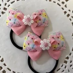 ハンドメイド ヘアゴム 花柄 ピンクリボン 花 a548