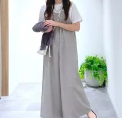 GLOBAL WORKイージーケアワイドサロペ(ライトグレー、M)