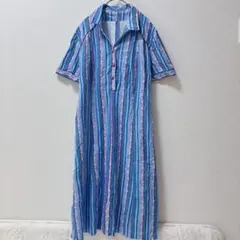 美品★ストライプ 半袖　シャツワンピース　ブルー　【フリー】　お出かけ　通勤