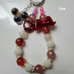 赤白系ビーズリボン、ストラップキーホルダー、キーリング