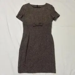 千鳥柄切替 ウール混 半袖ワンピース L 裏地付き 日本製 80s