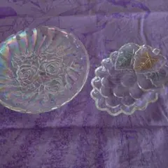 新品　虹色バラ彫刻のガラス皿とぶどう形皿セット　曽根ガラス
