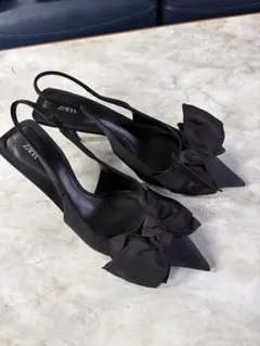 ZARA ブラック リボン付きスリングバックヒール