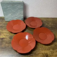 E-1 【京都 たち吉】銘々皿 4枚セット 朱塗 梅型 菓子皿 漆器 共箱付き