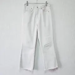 【ZARA】（S）裾カットオフデニムパンツ/ワイドストレート/ハイウエスト/無地