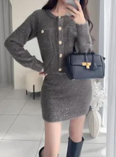 GRL ラメフェザーニットカーディガン×ミニスカートセットアップ【kz617】