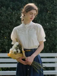 新品タグ SimpleRetroシンプルレトロ レース装飾 コットンシャツ 半袖