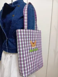 ピンク系チェック柄縦長トートバック