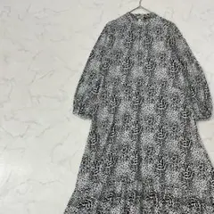 ZARA 切替 レオパード ギャザー 長袖 フレア ひざ丈 ワンピース XS