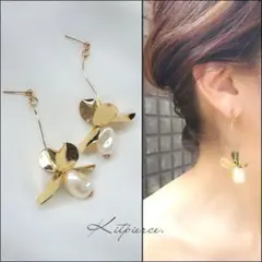 No.63 つやゴールド パールフラワー✩.*˚ ゆらゆら華奢ピアス