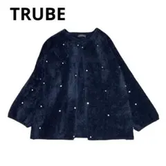 TRUBE フェイクファーカーディガン ノーカラー 羽織 ラインストーン【F】