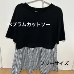 【美品】ペプラム半袖カットソー/重ね着風/フリーサイズ/ブラック✖️チェック