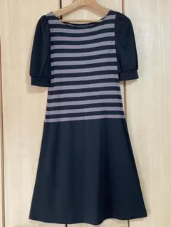 レディース　ワンピース　半袖　黒茶　ボーダー柄　　38サイズ　Ｌサイズ　膝上丈