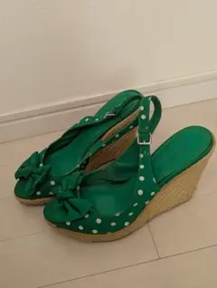 ZARA グリーン ドット柄 ウェッジヒールサンダル エスパドリーユ