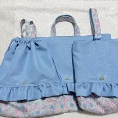 水色ラメ入り生地×リボン花柄　レッスンバッグ　上履き入れ　体操服袋　ハンドメイド