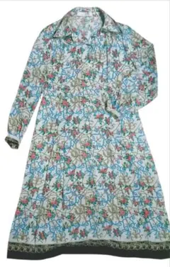 昭和レトロ　ヴィンテージ　花柄　プリーツ　シャツ　ロングワンピース　薄ブルー