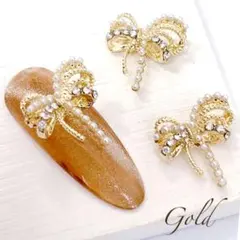 ネイルパーツ　リボンジュエリー　パールクリスタルストーン　ゴールド