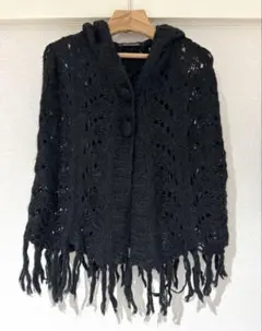 新品 ◆ estacot フード付きフリンジニットショール ストール ポンチョ
