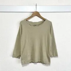 リブカットソー フリル メロウデザイン M ベージュ 七分袖 インナー きれいめ