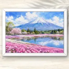アクリル画 オイルパステル画 桜と青い花咲く丘 キャンバスアート ご