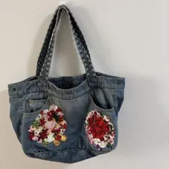 スーパーハッカ トート ショルダーバッグ 肩掛け デニム 花柄 刺繍 編み込み