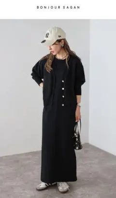 【新品】 BONJOUR SAGAN Vネックカーディガン ワンピースセット 黒のサムネイル