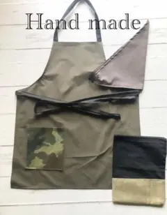 ハンドメイド迷彩柄×黒エプロン三角巾巾着3点子供用150センチカーキ