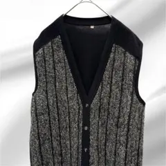 Vネック ニットベスト L グレー ブラック 凹凸編み メンズ