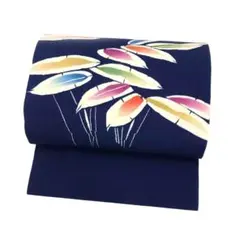 名古屋帯 鮮やかな型染 葉っぱ柄 縮緬 紺色 KO-793