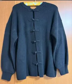 ブラック　リブ編み　ニットカーディガン　チャイナ風