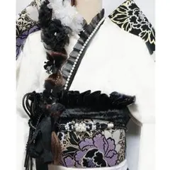 豪華【美品】成人式 袋帯 花柄 Hj04 派手 黒 グレー ギャル系 前撮り