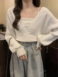 SHEIN ホワイト Vネック タイバック セーター