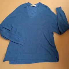 Elura エルーラ リブ編み Vネック 長袖セーター 青 ダークブルー