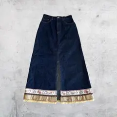デニム ロングスカート 刺繍 前スリット フリンジ 花柄 ボヘミアン エスニックのサムネイル