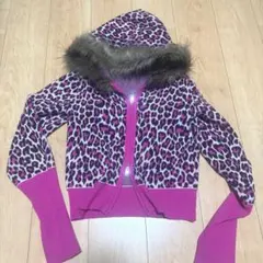 Y2K ヒョウ柄 ファー付きパーカー ピンク M