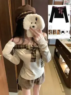 チェック柄リボンオフショルダートップス[ks162]