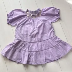 プティマイン 90cm ワンピース 花刺繍 紫